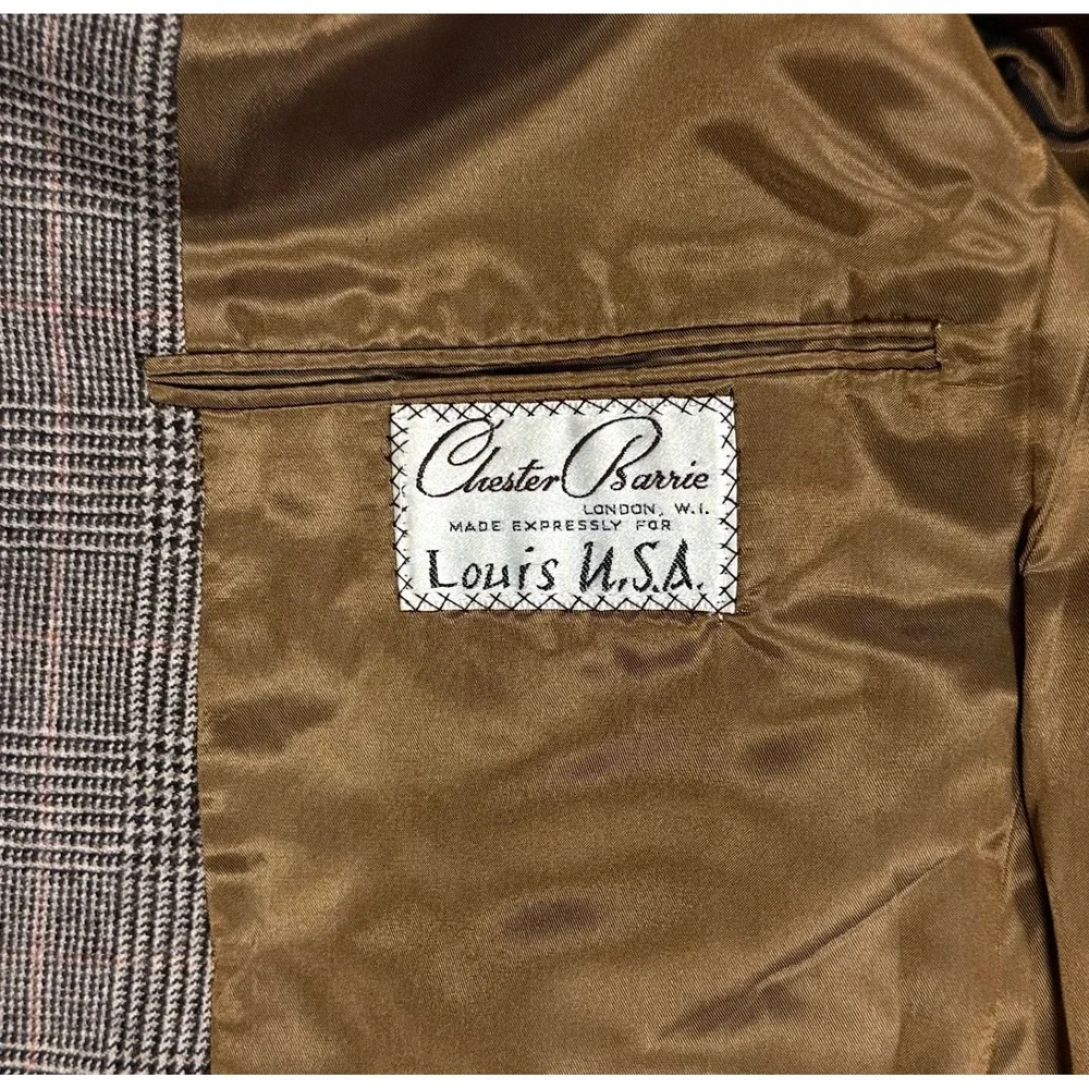 Vtg Chester Barrie Union USA Wool beige glen check double breast blazer men 44R
